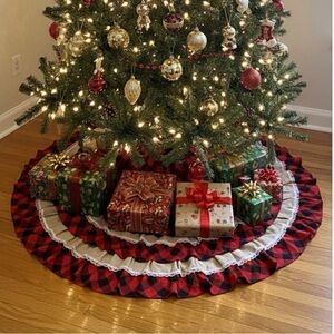 Holiday Buffalo Plaid and Burlap Lace Layered Christmas Tree Skirt 48” Red Black